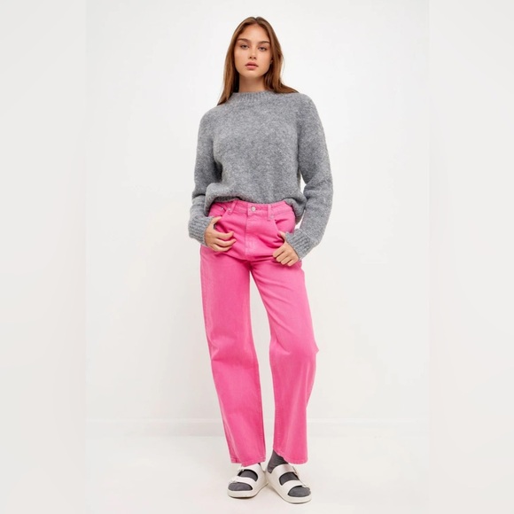 GREY LAB Jeans Women’s Size Large Pink Bright Denim Straight Wide Leg High Rise - Picture 4 of 14